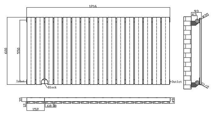 Urban Horizontal Radiator - Matt Black - Single Panel (600mm High) 1216mm Wide