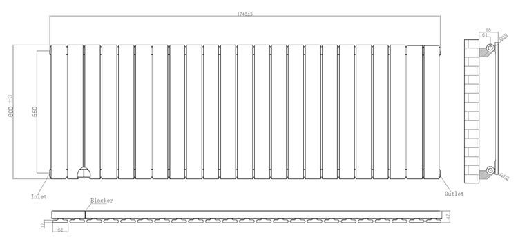 Urban Horizontal Radiator - Matt Black - Single Panel (600mm High) 1748mm Wide
