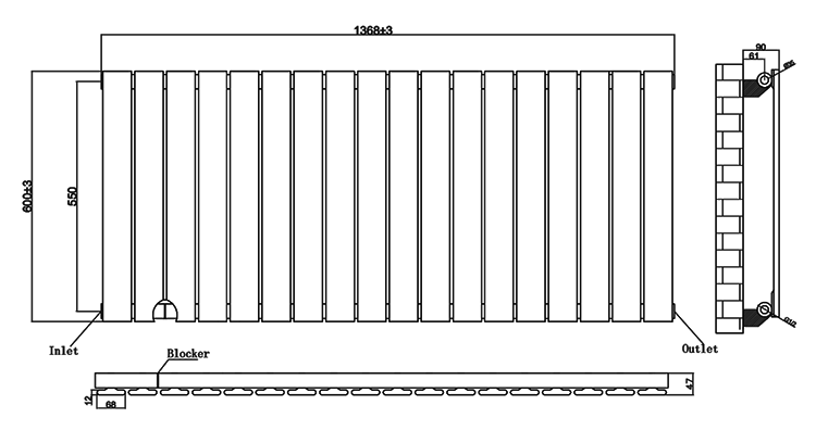 Urban Horizontal Radiator - Matt Black - Single Panel (600mm High) 1368mm Wide