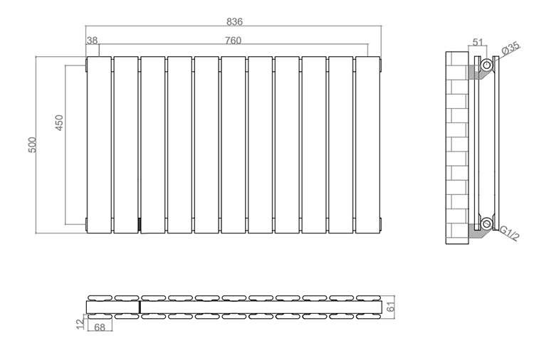 Urban Horizontal Radiator - White - Double Panel (500mm High x 836mm Wide)
