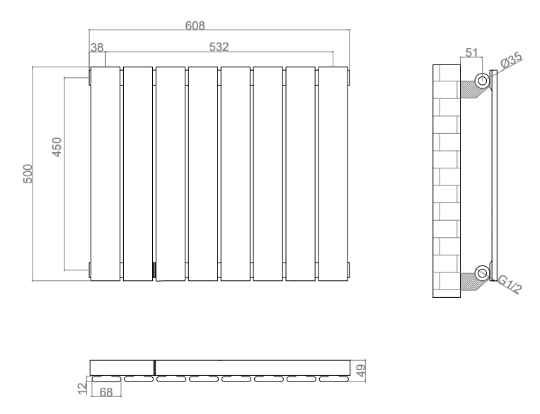 Urban Horizontal Radiator - White - Single Panel (500mm High) 608mm Wide