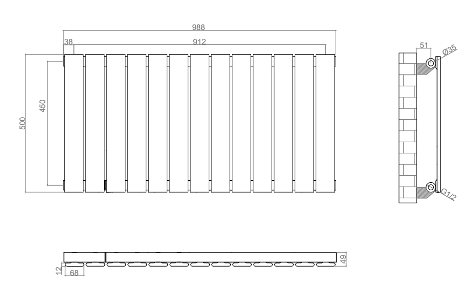 Urban Horizontal Radiator - White - Single Panel (500mm High) 988mm Wide