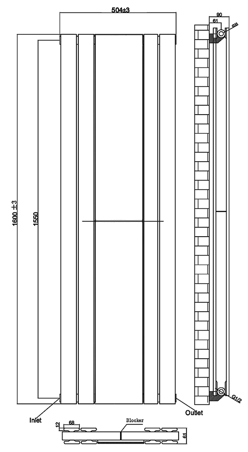 Urban Matt Black Vertical Radiator with Mirror – Double Panel, 1600 x 504mm