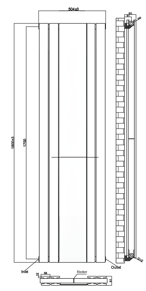 Urban Matt Black Vertical Radiator with Mirror – Double Panel, 1800 x 504mm