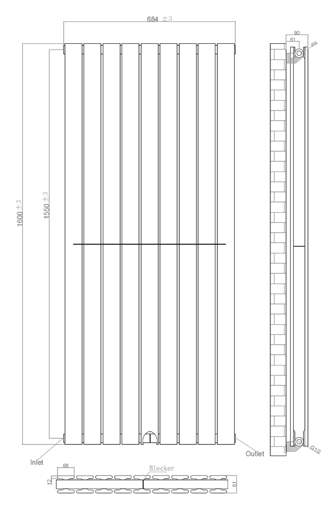 Urban Vertical Radiator - Anthracite - Double Panel (1600mm High) 684mm Wide