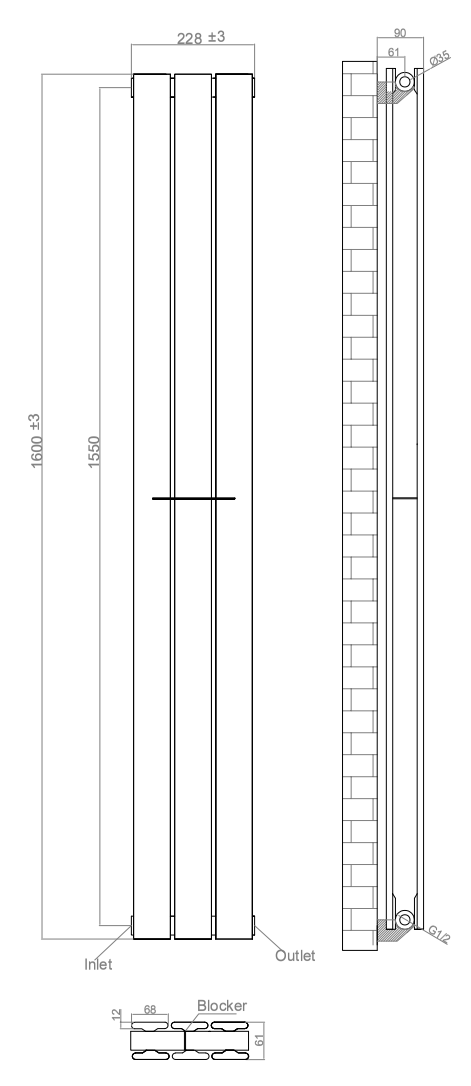Urban Vertical Radiator - Anthracite - Double Panel (1600mm High) 228mm Wide