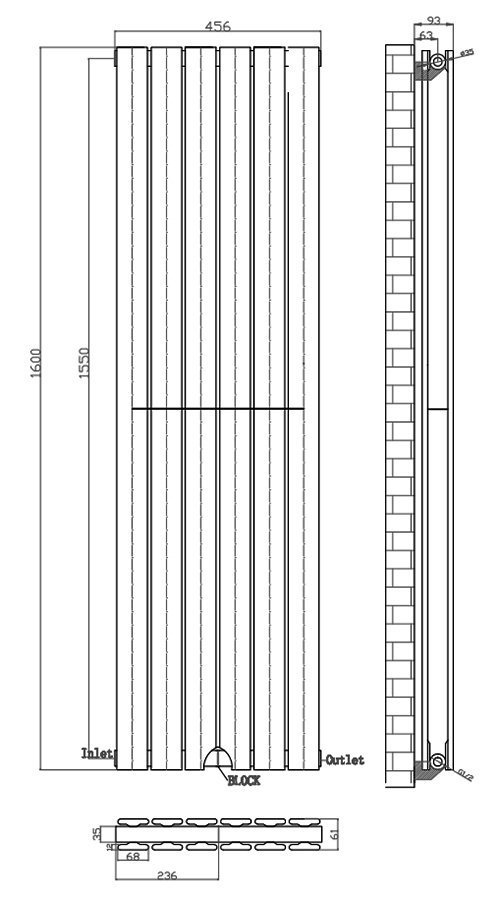 Urban Vertical Radiator - Anthracite Grey - Double Panel (1600mm High) 456mm Wide with Rail