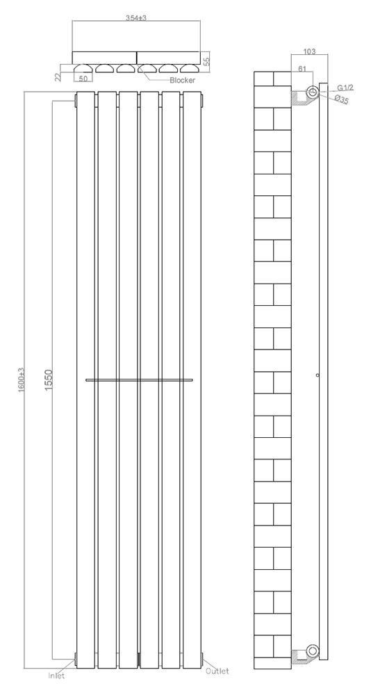 Urban Vertical Radiator - Anthracite - Single Panel (1600mm High) 354mm Wide
