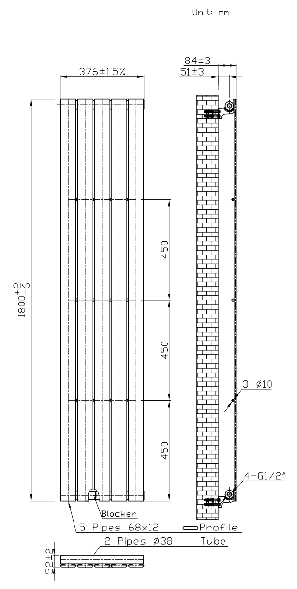 Urban Chrome Vertical Single Panel Radiator (1800mm High) 375mm Wide
