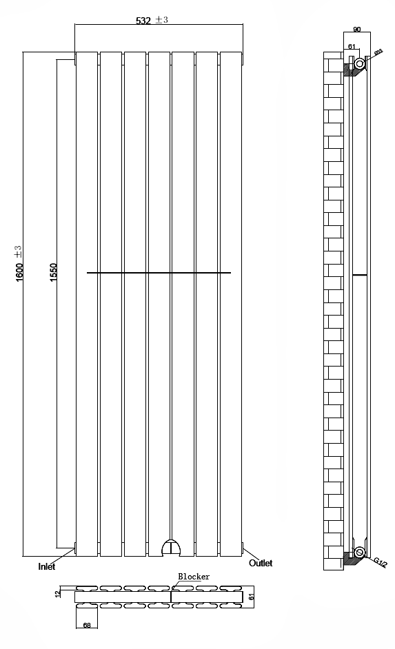 Urban Vertical Radiator - Matt Black - Double Panel (1600mm High) 532mm Wide