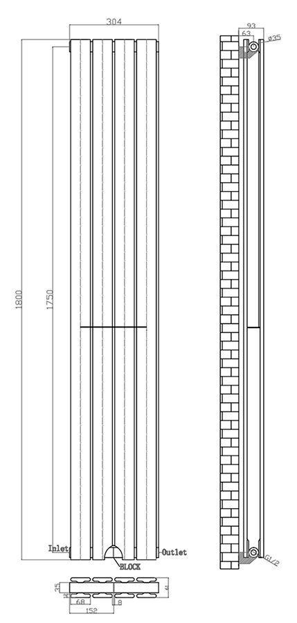 Urban Vertical Radiator - Matt Black - Double Panel (1800mm High) 304mm Wide