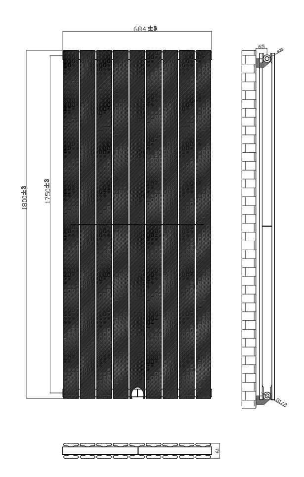 Urban Vertical Radiator - Matt Black - Double Panel (1800x684mm)