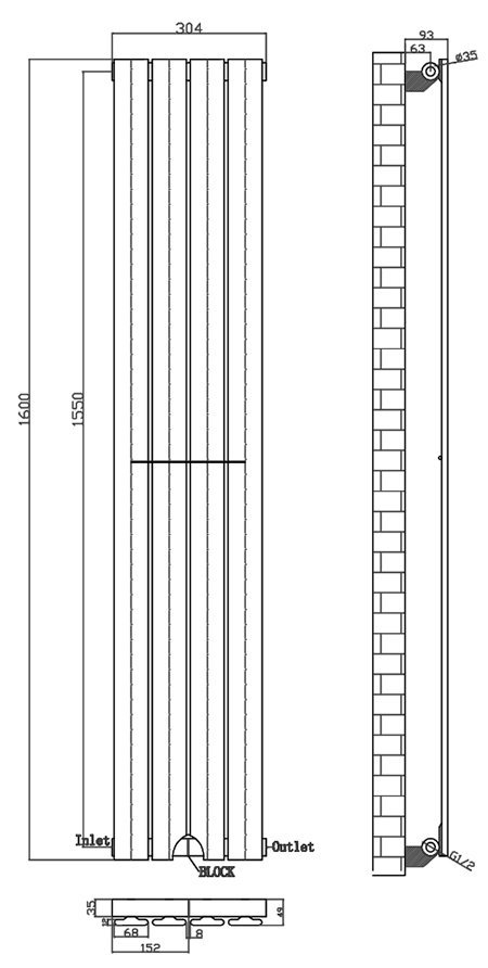 Urban Vertical Radiator - Matt Black - Single Panel (1600x304mm)