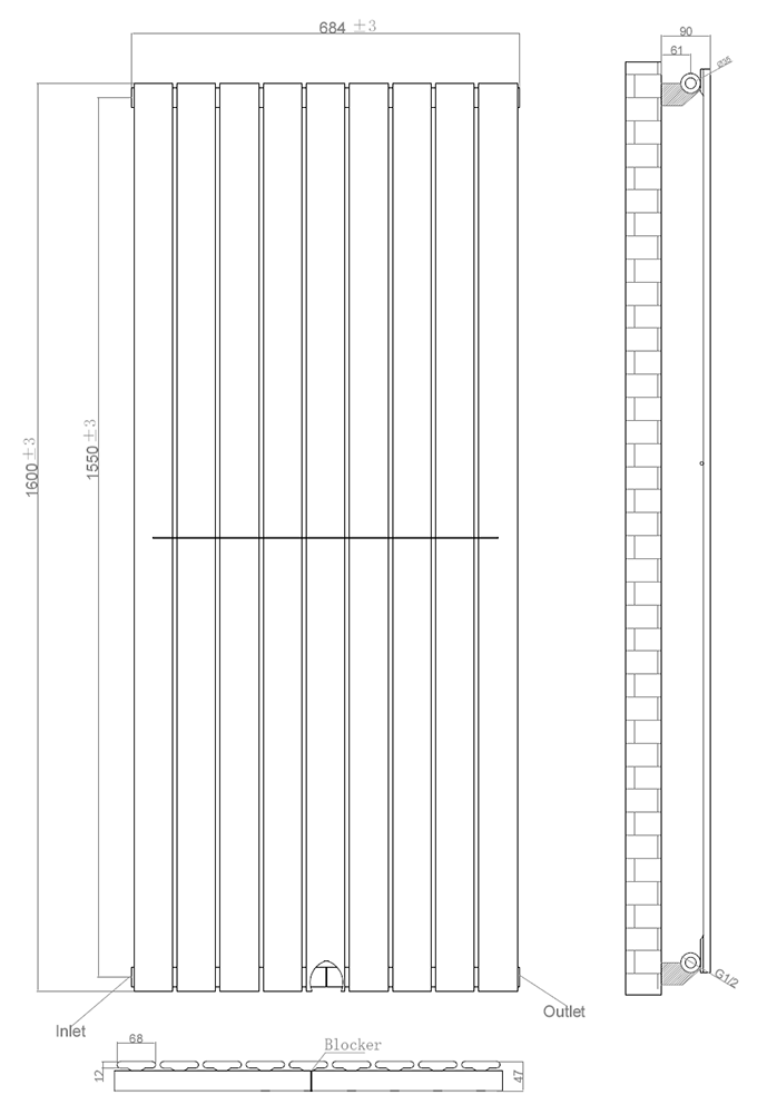 Urban Vertical Radiator - Matt Black - Single Panel (1600mm High) 684mm Wide