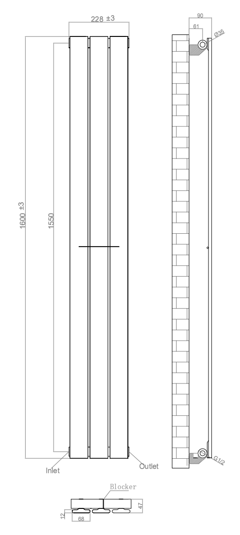 Urban Vertical Radiator - Matt Black - Single Panel (1600mm High) 228mm Wide