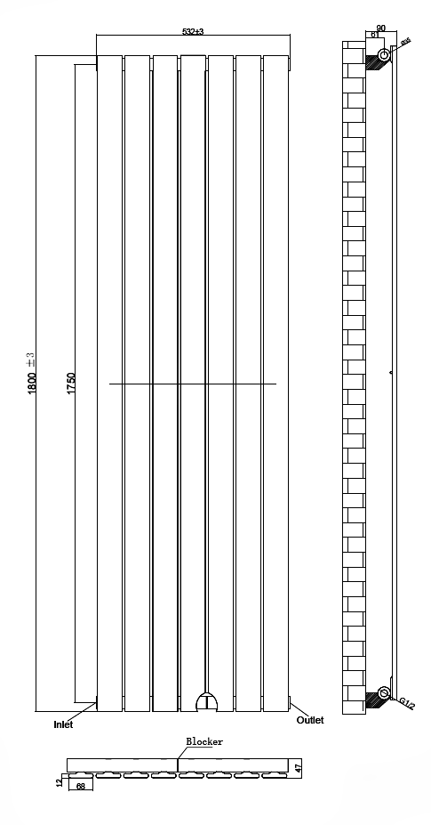 Urban Vertical Radiator - Matt Black - Single Panel (1800mm High) 532mm Wide