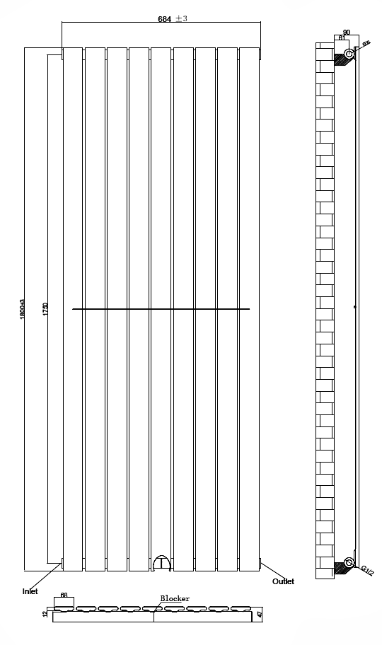 Urban Vertical Radiator - Matt Black - Single Panel (1800mm High) 684mm Wide