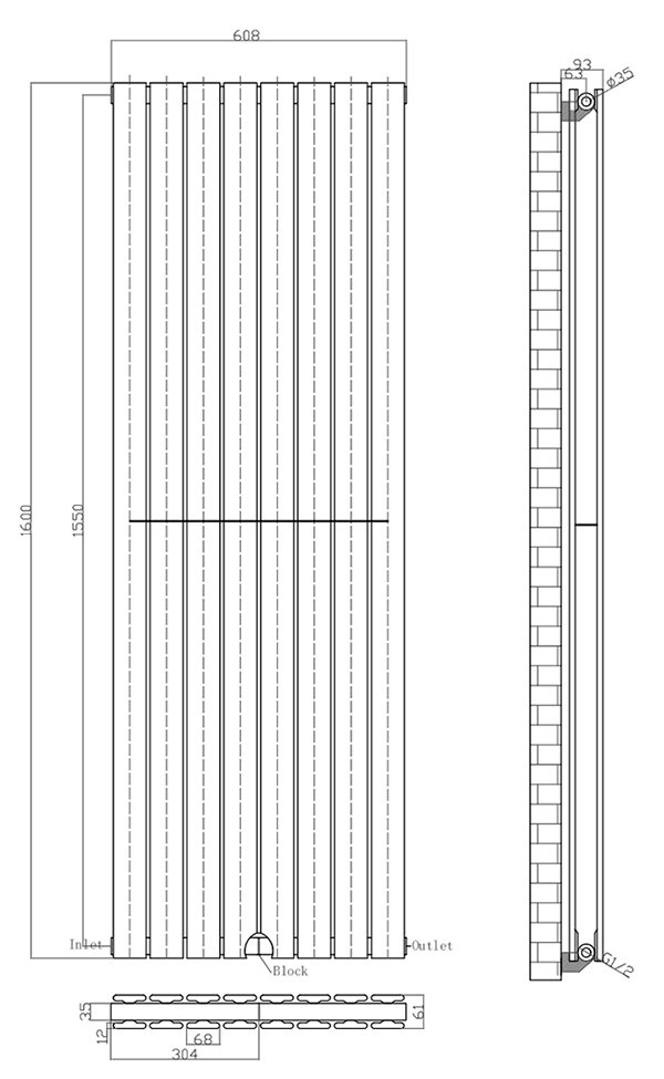 Urban Vertical Radiator - White - Double Panel (1600mm High) 608mm Wide