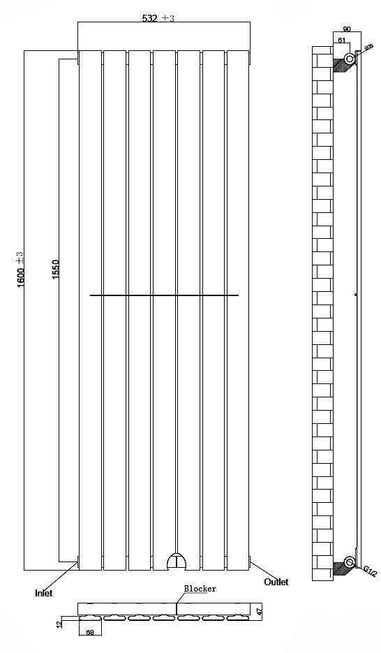 Urban Vertical Radiator - White - Single Panel (1600mm High) 532mm Wide