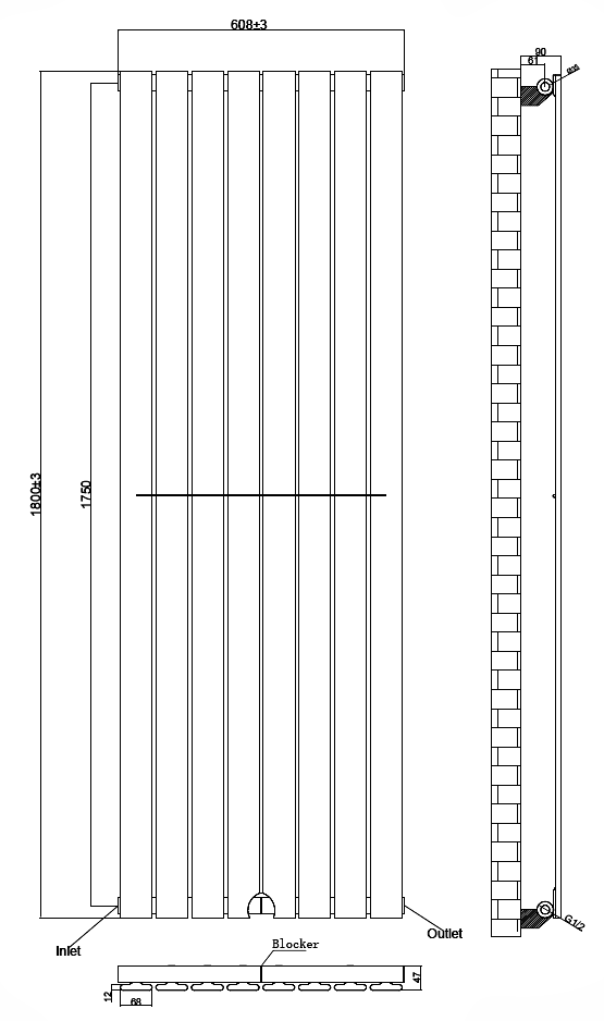 Urban Vertical Radiator - White - Single Panel (1800mm High) 608mm Wide