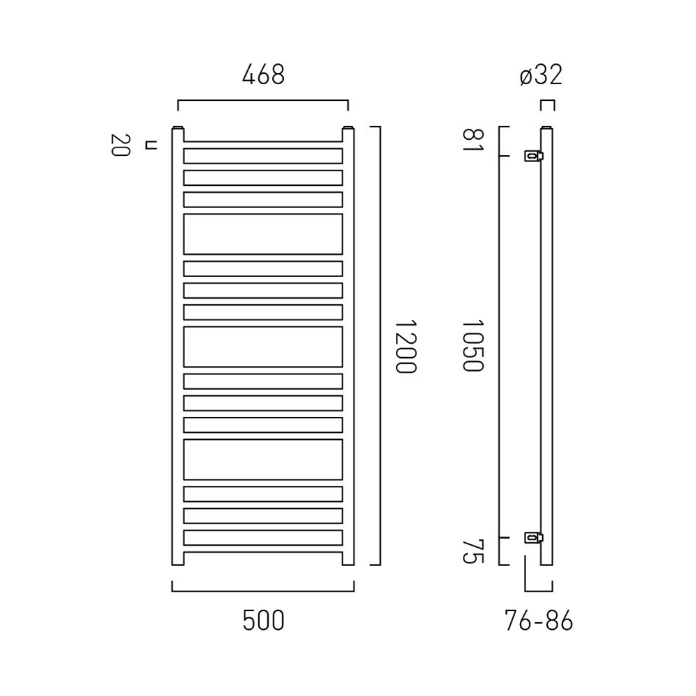 Vado Muse Round Heated Towel Rail - 500 x 1200mm - Matt Black
