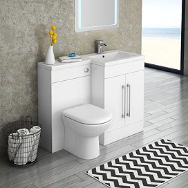 Valencia 1100mm White Gloss Bathroom Combination Suite - Basin, Vanity Unit & Round BTW Toilet