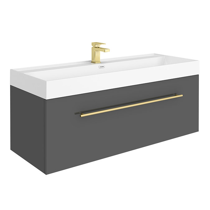Valencia 1200 Gloss Grey Minimalist Wall Hung Vanity Unit with Brass Handle Large Image