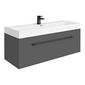 Valencia 1200 Gloss Grey Minimalist Wall Hung Vanity Unit with Matt Black Handle Large Image