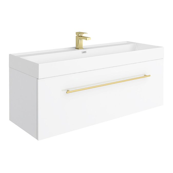 Valencia 1200 Gloss White Minimalist Wall Hung Vanity Unit with Brass Handle Large Image