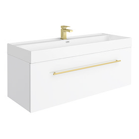 Valencia 1200 Gloss White Minimalist Wall Hung Vanity Unit with Brass Handle Large Image