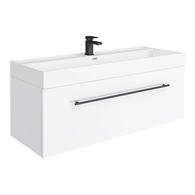 Valencia 1200 Gloss White Minimalist Wall Hung Vanity Unit with Matt Black Handle Large Image