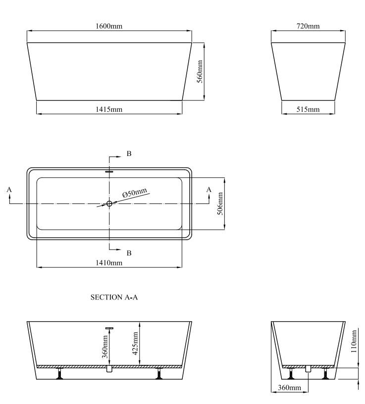 Valencia 1600 Square Modern Freestanding Bath Gloss White with Waste