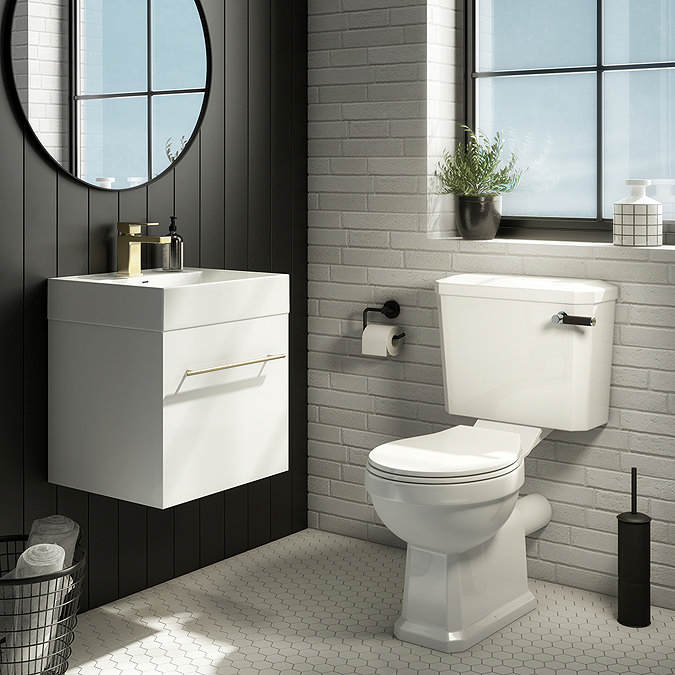 Valencia 450 Gloss White Minimalist Wall Hung Vanity Unit with Brass Handle  Standard Large Image