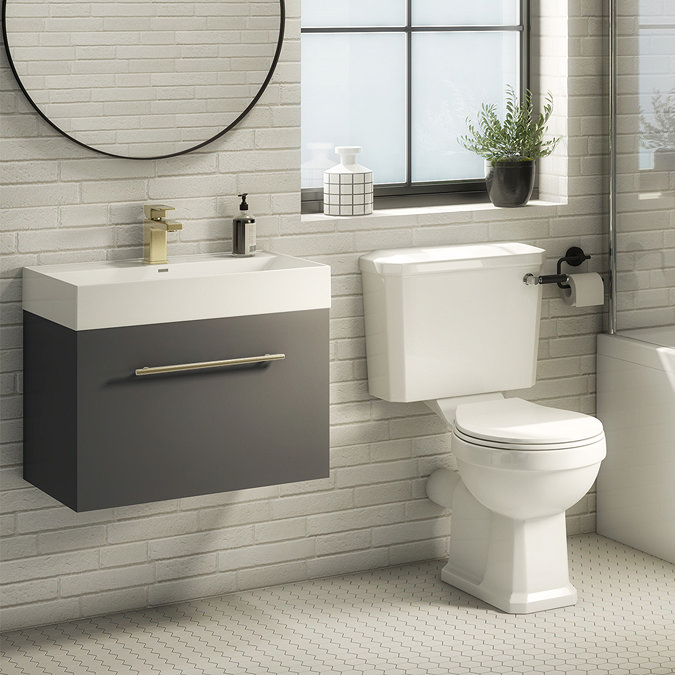 Valencia 600 Gloss Grey Minimalist Wall Hung Vanity Unit with Brass Handle  Standard Large Image