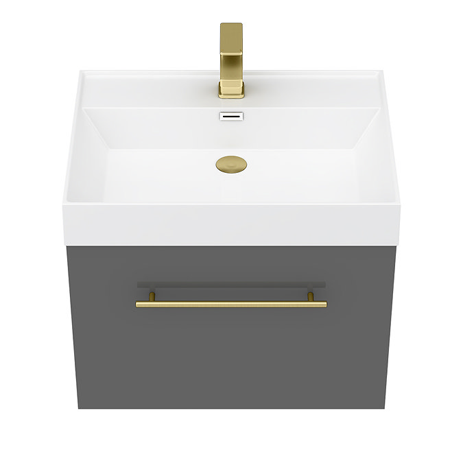 Valencia 600 Gloss Grey Minimalist Wall Hung Vanity Unit with Brass Handle  In Bathroom Large Image