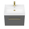 Valencia 600 Gloss Grey Minimalist Wall Hung Vanity Unit with Brass Handle  In Bathroom Large Image