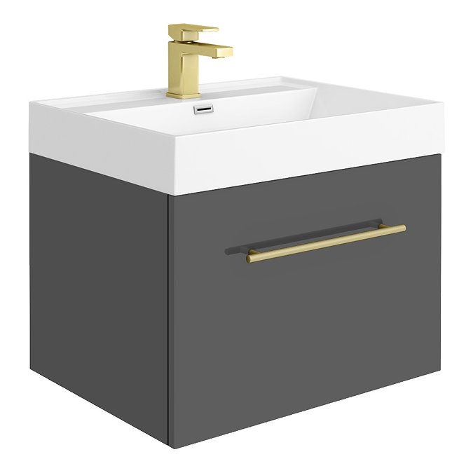 Valencia 600 Gloss Grey Minimalist Wall Hung Vanity Unit with Brass Handle Large Image