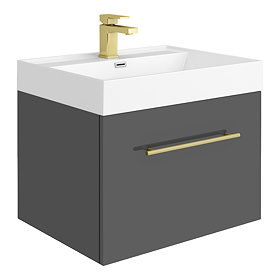 Valencia 600 Gloss Grey Minimalist Wall Hung Vanity Unit with Brass Handle Large Image