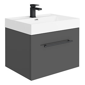 Valencia 600 Gloss Grey Minimalist Wall Hung Vanity Unit with Matt Black Handle Large Image