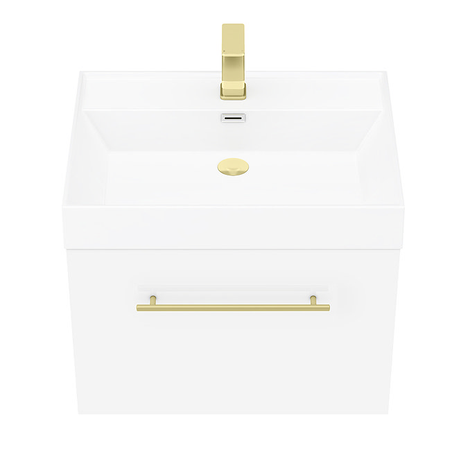 Valencia 600 Gloss White Minimalist Wall Hung Vanity Unit with Brass Handle  In Bathroom Large Image