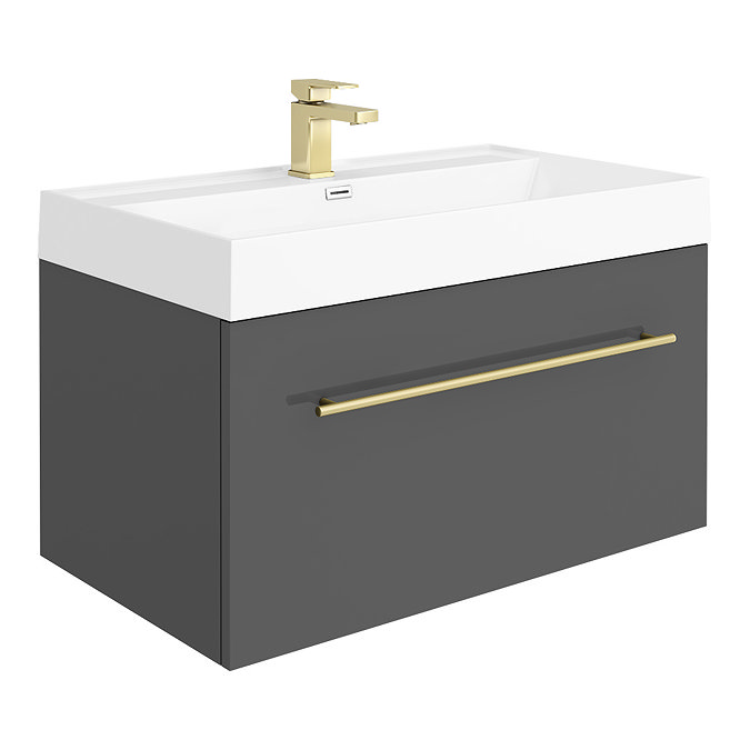 Valencia 800 Gloss Grey Minimalist Wall Hung Vanity Unit with Brass Handle Large Image