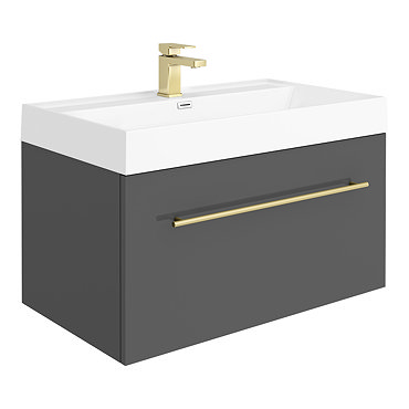 Valencia 800 Gloss Grey Minimalist Wall Hung Vanity Unit with Brass Handle  Profile Large Image