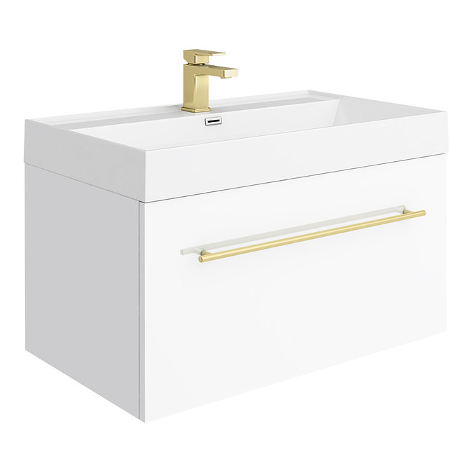 Valencia 800 Gloss White Minimalist Wall Hung Vanity Unit with Brass Handle Large Image