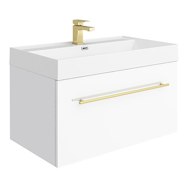 Valencia 800 Gloss White Minimalist Wall Hung Vanity Unit with Brass Handle  Profile Large Image