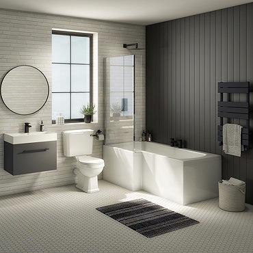 Valencia Bathroom Suite (Toilet, Grey Vanity with Black Handle, L-Shaped Bath + Screen)  Profile Lar