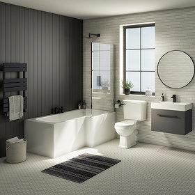 Valencia RH Bathroom Suite (Toilet, Grey Vanity with Black Handle, L-Shaped Bath + Screen) Large Ima