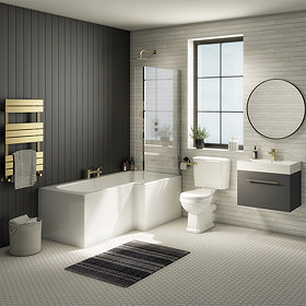 Valencia RH Bathroom Suite (Toilet, Grey Vanity with Brass Handle, L-Shaped Bath + Screen) Large Ima