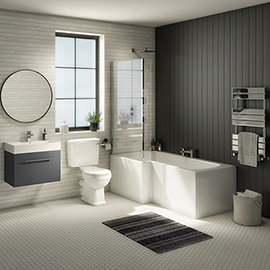 Valencia Bathroom Suite (Toilet, Grey Vanity with Chrome Handle, L-Shaped Bath + Screen) Medium Imag