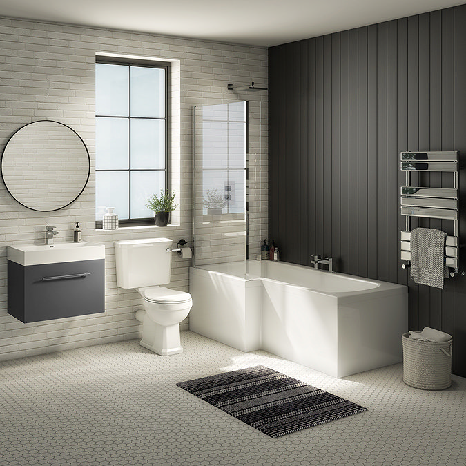 Valencia Bathroom Suite (Toilet, Grey Vanity with Chrome Handle, L-Shaped Bath + Screen) Large Image