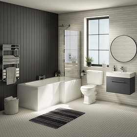 Valencia RH Bathroom Suite (Toilet, Grey Vanity with Chrome Handle, L-Shaped Bath + Screen) Large Im